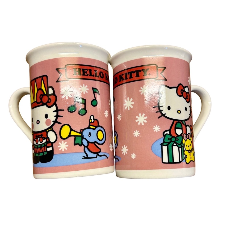 Sanrio Hello Kitty Coffee Mugs Set of 2 Pink Holiday Christmas Ceramic Good 2013